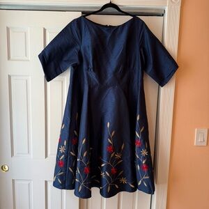 eShakti Blue A-Line Dress with Scoop Neck and Pink Embroidery